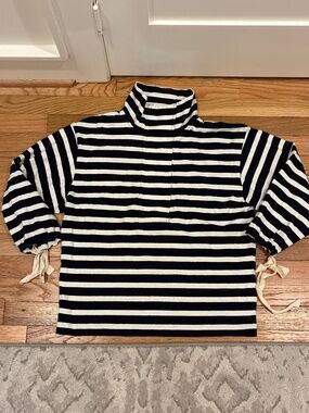 J. Crew Navy and White Striped Funnel Neck Pullover With Snap Buttons